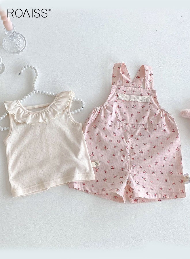 roaiss Toddler Girls Camisole and Overalls Set, Stylish Summer Outfit with Sleeveless Top and Floral Overall Shorts, 2 Piece Comortable Clothing Set for Little Girls - Image 2
