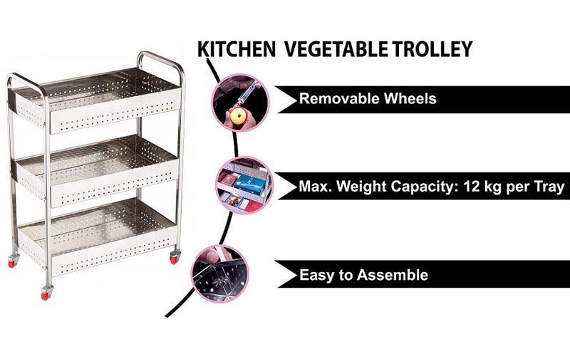 XXSSIER Stainless Steel 3 Layer Folding Vegetable Stand Kitchen Trolley With Wheels, Easy To Assemble Vegetable Basket (44 X 23 X 61 Cm) - Image 2