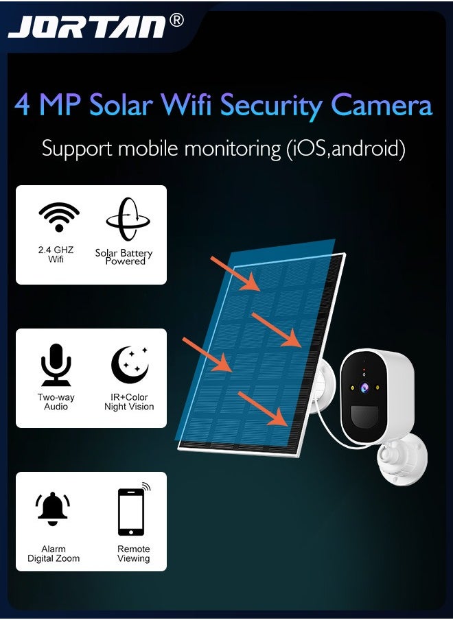 JORTAN - 4MP Wi-Fi Solar Security Camera Outdoor Wireless Low Power Consumption Surveillance Camera Dual Monitoring IP66 Waterproof Camera with Solar Panel & PIR Detection & Siren & 2-Way Audio ＆ HD Night Vision - Image 1