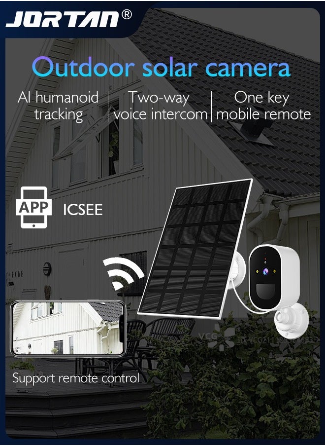 JORTAN - 4MP Wi-Fi Solar Security Camera Outdoor Wireless Low Power Consumption Surveillance Camera Dual Monitoring IP66 Waterproof Camera with Solar Panel & PIR Detection & Siren & 2-Way Audio ＆ HD Night Vision - Image 1