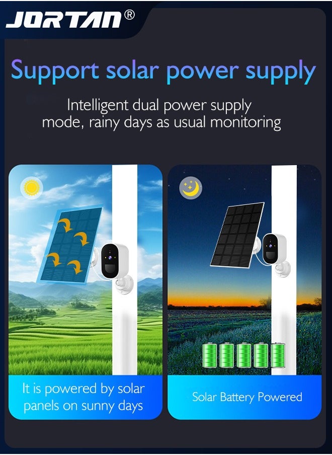 JORTAN - 4MP Wi-Fi Solar Security Camera Outdoor Wireless Low Power Consumption Surveillance Camera Dual Monitoring IP66 Waterproof Camera with Solar Panel & PIR Detection & Siren & 2-Way Audio ＆ HD Night Vision - Image 1