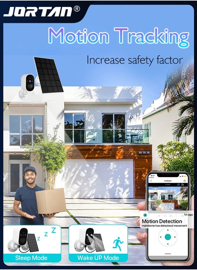 JORTAN - 4MP Wi-Fi Solar Security Camera Outdoor Wireless Low Power Consumption Surveillance Camera Dual Monitoring IP66 Waterproof Camera with Solar Panel & PIR Detection & Siren & 2-Way Audio ＆ HD Night Vision - Image 1