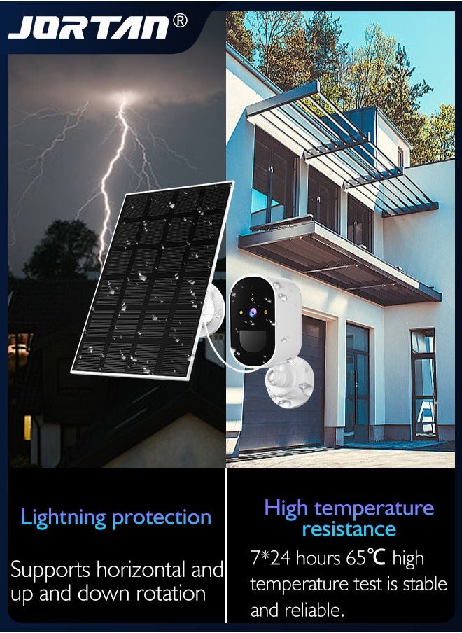 JORTAN - 4MP Wi-Fi Solar Security Camera Outdoor Wireless Low Power Consumption Surveillance Camera Dual Monitoring IP66 Waterproof Camera with Solar Panel & PIR Detection & Siren & 2-Way Audio ＆ HD Night Vision - Image 1