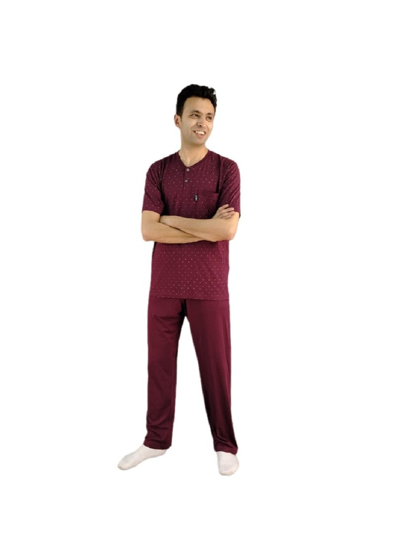 Jet Men Summer Pajama Set Printed Top & Plain Bottom - Burgundy  - Image 2