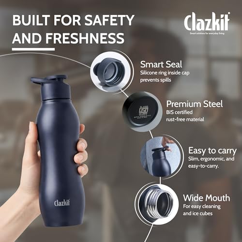 Clazkit Platina Stainless Steel Black Matte Finish Water Bottle |ISI Certified | Leakproof, Rust-Free, BPA-Free, Durable for Fridge, Sports, Gym, Yoga & Office – Easy to Clean & Reusable-1000ml - Image 2