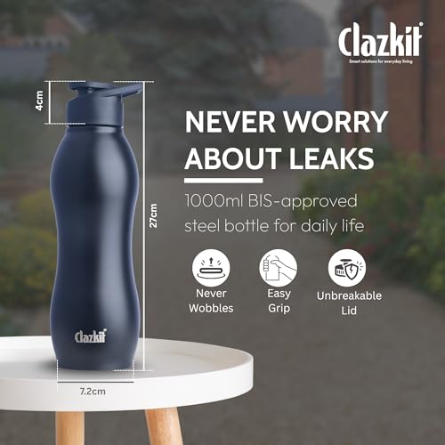 Clazkit Platina Stainless Steel Black Matte Finish Water Bottle |ISI Certified | Leakproof, Rust-Free, BPA-Free, Durable for Fridge, Sports, Gym, Yoga & Office – Easy to Clean & Reusable-1000ml - Image 3