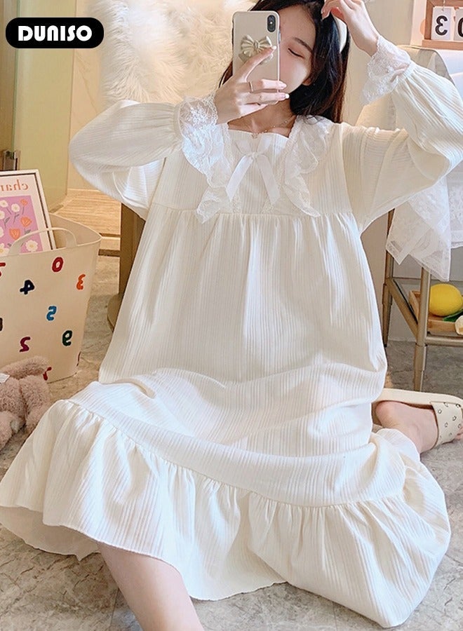 DUNISO Women's Long Sleeve Nightgown, Soft Comfortable Cotton Sleepwear Dress, Ventilate Square Neck Home Wear with Bow Decoration, Lounge Dress for Can Be Worn Outside - Image 5