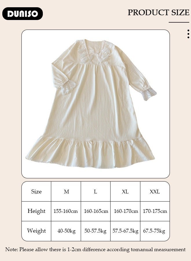 DUNISO Women's Long Sleeve Nightgown, Soft Comfortable Cotton Sleepwear Dress, Ventilate Square Neck Home Wear with Bow Decoration, Lounge Dress for Can Be Worn Outside - Image 4