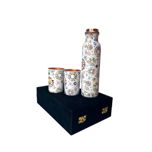 Piepot Copper Water Bottle 1 Ltr | Copper Water Bottle with Glass Set | Meena Work | 100% Pure | Leak-Proof | 2 Water Glass 300ml each | Best for Gifting ((Balloon Design)) - Image 2