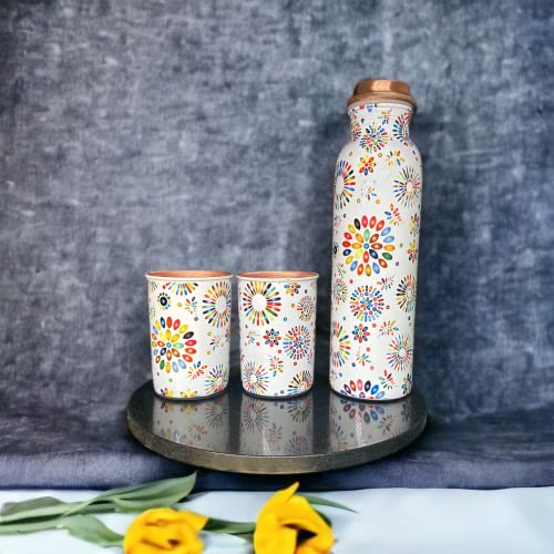 Piepot Copper Water Bottle 1 Ltr | Copper Water Bottle with Glass Set | Meena Work | 100% Pure | Leak-Proof | 2 Water Glass 300ml each | Best for Gifting ((Balloon Design)) - Image 5