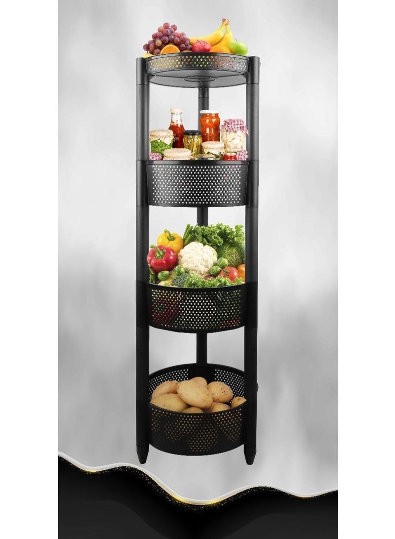 4 Tier Round Trolley Kitchen Storage Cart with Fruit Vegetable Storage Baskets Black - Image 3