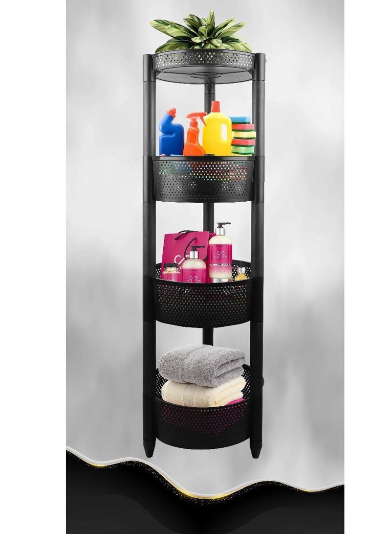 4 Tier Round Trolley Kitchen Storage Cart with Fruit Vegetable Storage Baskets Black - Image 2