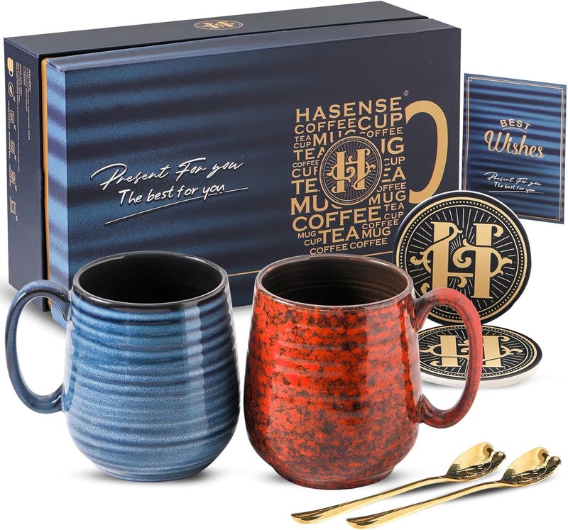 Hasense Ceramic Coffee Mug Set of 2 20 Oz Tea Cups for Women and Men Handmade Large Latte Mugs with Handle Gift Box with Coaster  Gold Spoon Perfect for Wedding Birthday Blue  Red - Image 1