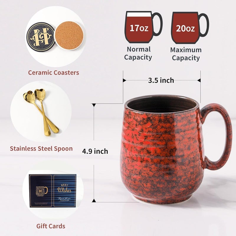 Hasense Ceramic Coffee Mug Set of 2 20 Oz Tea Cups for Women and Men Handmade Large Latte Mugs with Handle Gift Box with Coaster  Gold Spoon Perfect for Wedding Birthday Blue  Red - Image 5