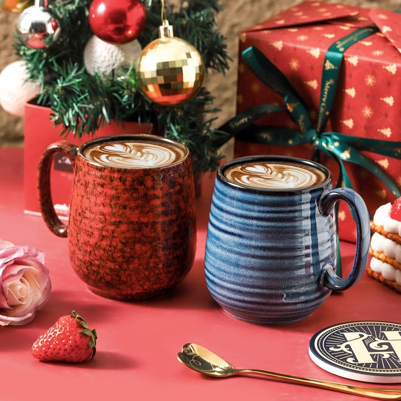 Hasense Ceramic Coffee Mug Set of 2 20 Oz Tea Cups for Women and Men Handmade Large Latte Mugs with Handle Gift Box with Coaster  Gold Spoon Perfect for Wedding Birthday Blue  Red - Image 3