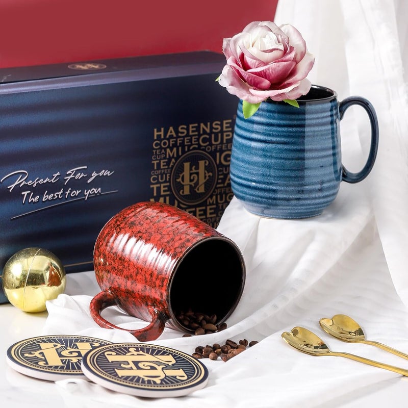Hasense Ceramic Coffee Mug Set of 2 20 Oz Tea Cups for Women and Men Handmade Large Latte Mugs with Handle Gift Box with Coaster  Gold Spoon Perfect for Wedding Birthday Blue  Red - Image 4