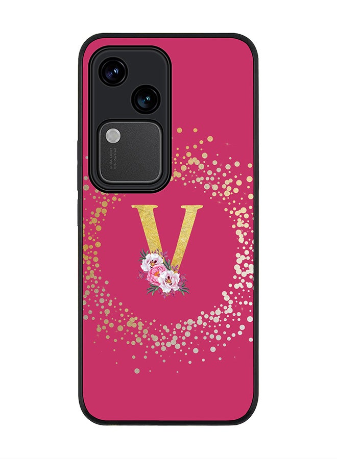 Stylizedd Rugged Black edge case for Vivo V30 5G, Slim fit Cover Custom Monogram Initial Letter Floral Pattern Alphabet - V ( Deep Pink Rose ) - Image 1