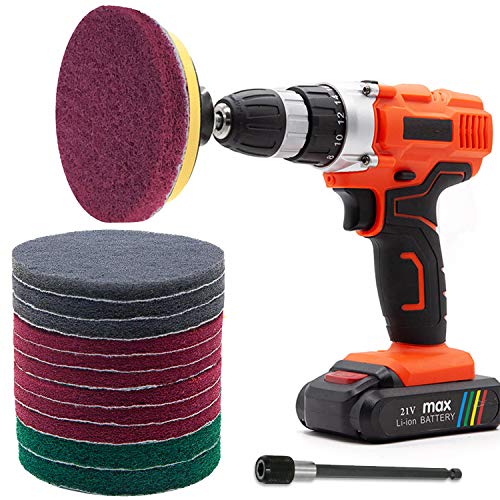 Power Scrub Pads Drill Attachment GOH DODD 15 Pieces 5 Inch Headlight Restoration Kit Cleaning Kit Scouring Pads with Baker and Universal Shaft for Kitchen Bathroom Grout Carpet Tub Grill Tile