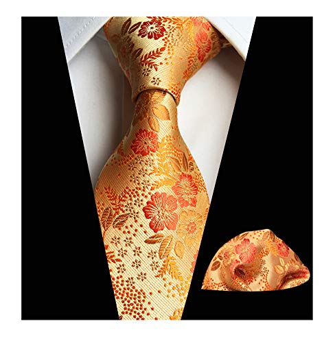 Elfeves Mens Orange Gloden Yellow Silk Tie Floral Business Novelty Paisley Party Necktie - Image 4
