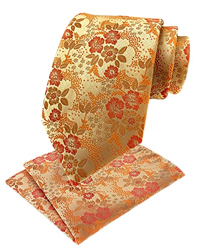 Elfeves Mens Orange Gloden Yellow Silk Tie Floral Business Novelty Paisley Party Necktie - Image 1
