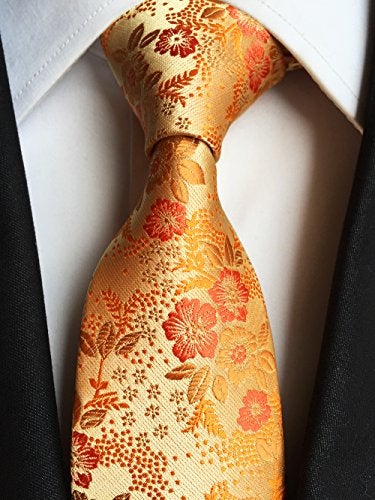 Elfeves Mens Orange Gloden Yellow Silk Tie Floral Business Novelty Paisley Party Necktie - Image 2