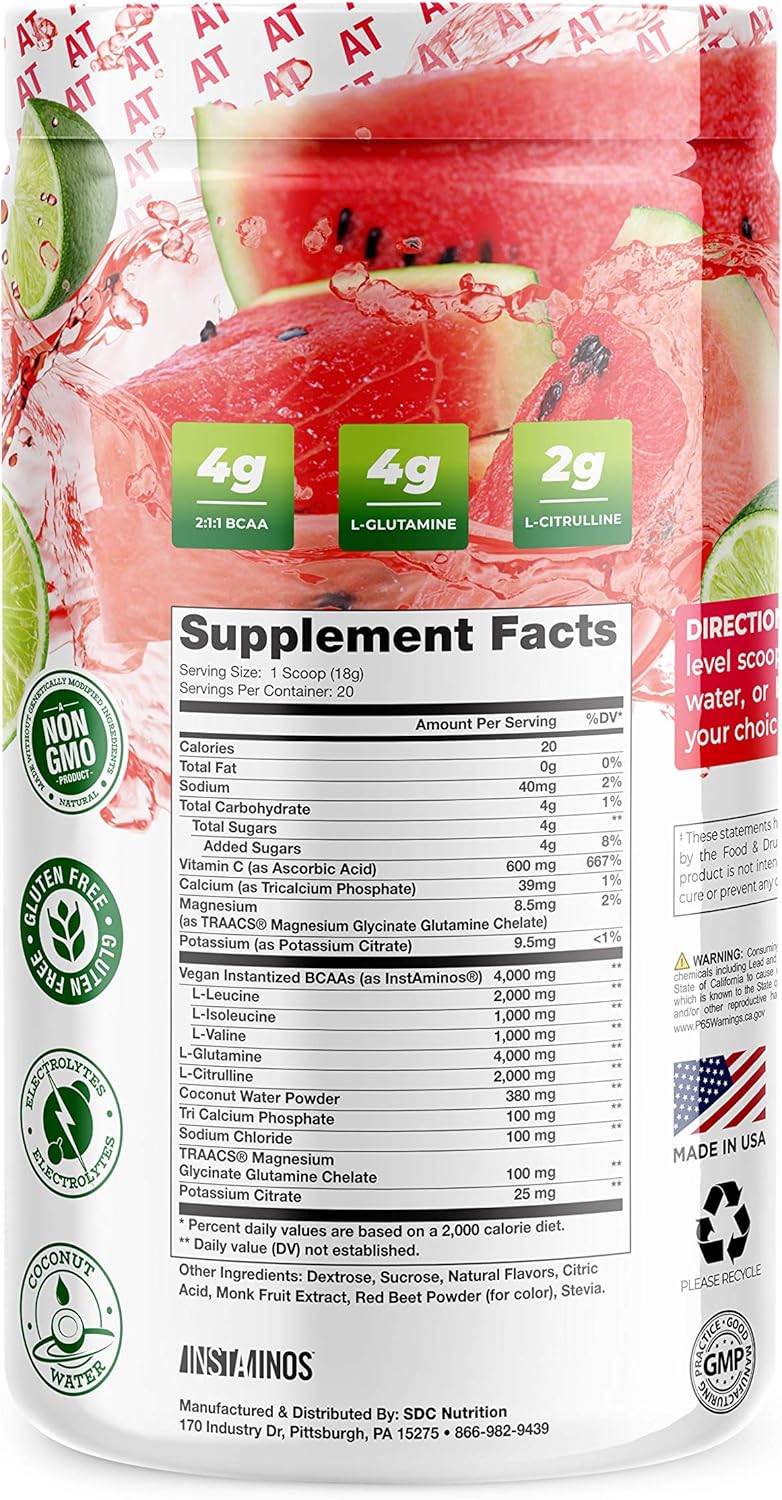 About Time BCAA Hydration Powder Watermelon Lime with LGlutamine  Electrolytes NonGMO Gluten Free Monk Fruit Coconut Water 20 Servings - Image 2