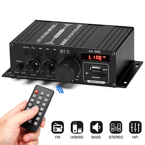 Suacopzar AK-380 Bluetooth 5.0 Home Audio Amplifier, Max 400W+400W 2.0CH HiFi Stereo With 12V 5A Power Supply, Wireless Receiver With USB SD BT.C FM AUX for Car Home Bar Garage - Image 2
