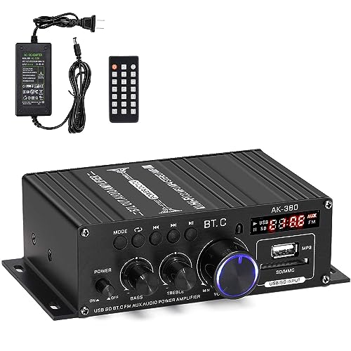 Suacopzar AK-380 Bluetooth 5.0 Home Audio Amplifier, Max 400W+400W 2.0CH HiFi Stereo With 12V 5A Power Supply, Wireless Receiver With USB SD BT.C FM AUX for Car Home Bar Garage - Image 1