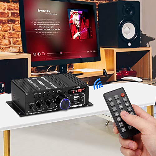 Suacopzar AK-380 Bluetooth 5.0 Home Audio Amplifier, Max 400W+400W 2.0CH HiFi Stereo With 12V 5A Power Supply, Wireless Receiver With USB SD BT.C FM AUX for Car Home Bar Garage - Image 4