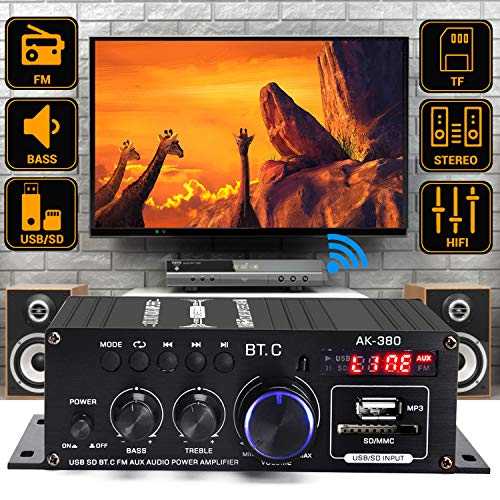 Suacopzar AK-380 Bluetooth 5.0 Home Audio Amplifier, Max 400W+400W 2.0CH HiFi Stereo With 12V 5A Power Supply, Wireless Receiver With USB SD BT.C FM AUX for Car Home Bar Garage - Image 3