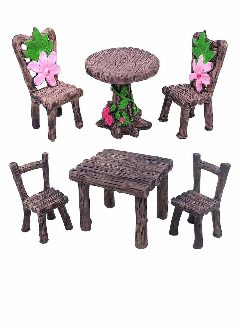 Y&D 6 Piece Miniature Table and Chair Set, Home Micro Landscape Ornament, Doll House Accessories, Garden Furniture Bench Set Resin Flower  - Image 1