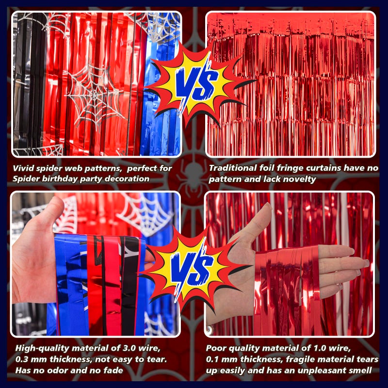 Bupelo Spider Web Birthday Decorations, 2 Pack Spider Party Supplies 3.3x6.6ft Tinsel Foil Fringe Curtains, Red Black, and Blue Photo Booth Prop Backdrop Streamer, Birthday Decor, Party Decor for Boys - Image 4