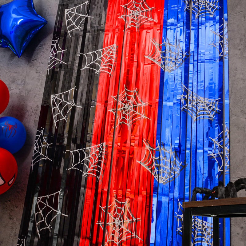Bupelo Spider Web Birthday Decorations, 2 Pack Spider Party Supplies 3.3x6.6ft Tinsel Foil Fringe Curtains, Red Black, and Blue Photo Booth Prop Backdrop Streamer, Birthday Decor, Party Decor for Boys - Image 5