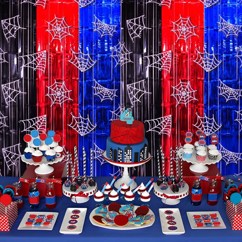 Bupelo Spider Web Birthday Decorations, 2 Pack Spider Party Supplies 3.3x6.6ft Tinsel Foil Fringe Curtains, Red Black, and Blue Photo Booth Prop Backdrop Streamer, Birthday Decor, Party Decor for Boys - Image 3