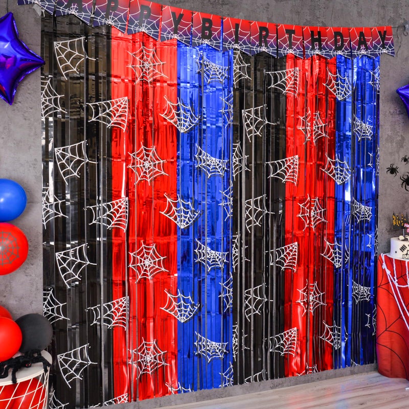 Bupelo Spider Web Birthday Decorations, 2 Pack Spider Party Supplies 3.3x6.6ft Tinsel Foil Fringe Curtains, Red Black, and Blue Photo Booth Prop Backdrop Streamer, Birthday Decor, Party Decor for Boys - Image 1