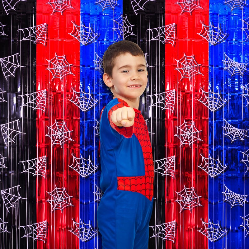 Bupelo Spider Web Birthday Decorations, 2 Pack Spider Party Supplies 3.3x6.6ft Tinsel Foil Fringe Curtains, Red Black, and Blue Photo Booth Prop Backdrop Streamer, Birthday Decor, Party Decor for Boys - Image 2