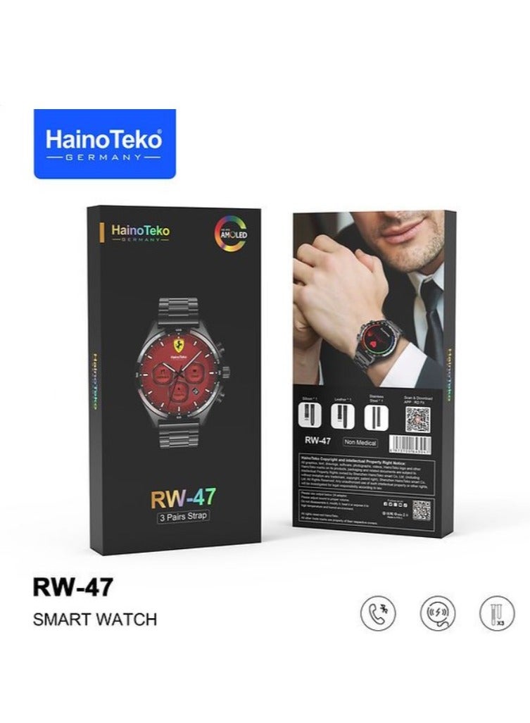 Haino Teko Smart Watch RW47 round shape large AMOLED screen with 3 pairs of straps and a wireless charger for men and boys black color - Image 1