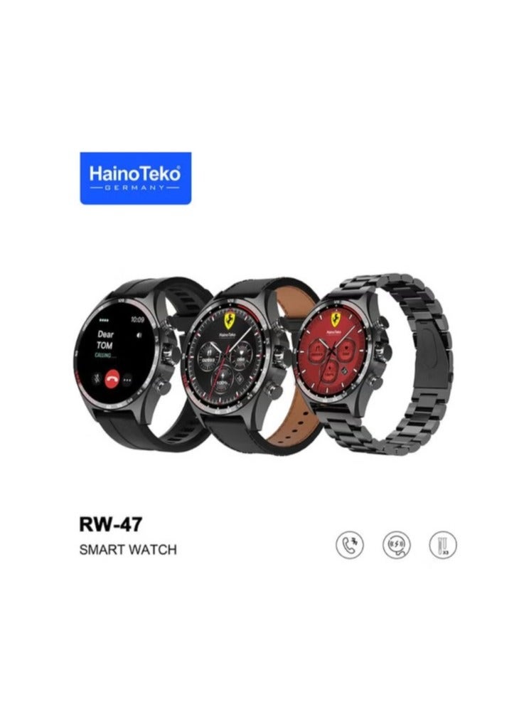 Haino Teko Smart Watch RW47 round shape large AMOLED screen with 3 pairs of straps and a wireless charger for men and boys black color - Image 2