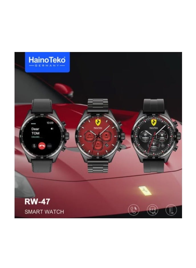 Haino Teko Smart Watch RW47 round shape large AMOLED screen with 3 pairs of straps and a wireless charger for men and boys black color - Image 3