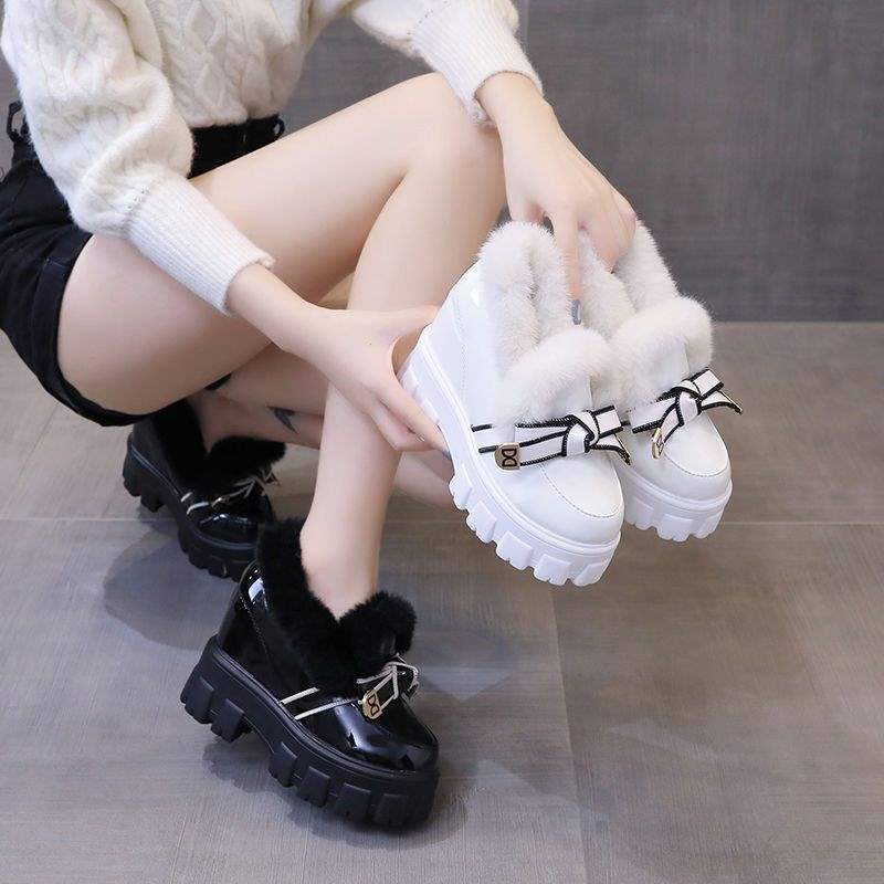 Thick-Soled Platform Leather Shoes For Women Winter Fleece-Lined Outer Wear Bow Versatile Inner Heightening Furry Loafers - Image 2