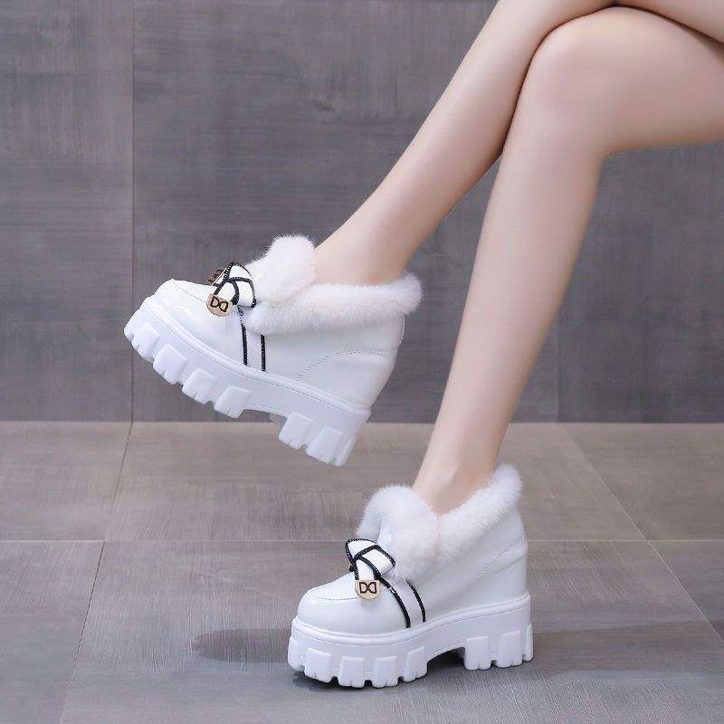 Thick-Soled Platform Leather Shoes For Women Winter Fleece-Lined Outer Wear Bow Versatile Inner Heightening Furry Loafers - Image 5