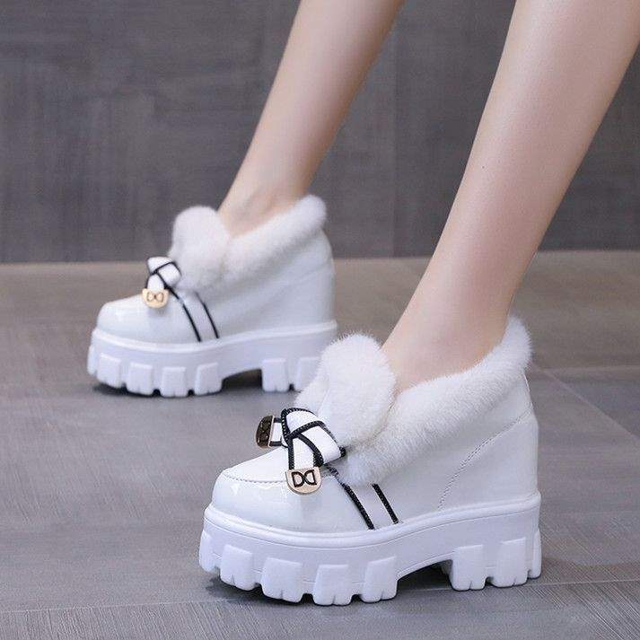 Thick-Soled Platform Leather Shoes For Women Winter Fleece-Lined Outer Wear Bow Versatile Inner Heightening Furry Loafers - Image 3