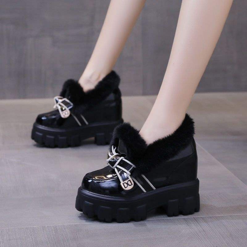 Thick-Soled Platform Leather Shoes For Women Winter Fleece-Lined Outer Wear Bow Versatile Inner Heightening Furry Loafers - Image 4