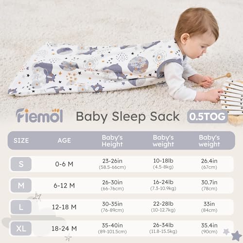 FIEMOL Baby Sleep Sack 18-24 months, 100% Cotton Sleeping Sack for Newborn and Infant, 3 Pack Baby Wearable Blanket for Boy and Girl, 0.5 Tog Lightweight Double Zipper Sleep Bag Grey Moon Bear - Image 4