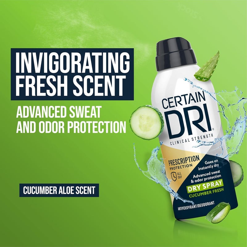 Certain Dri مزيل العرق السريري بقوة وصفة سيرتين دري، بخاخ جاف للرجال والنساء، حماية سريعة من التعرق المفرط، رائحة الخيار المنعشة، 4.2 أونصة (عبوة من 2) - Image 3