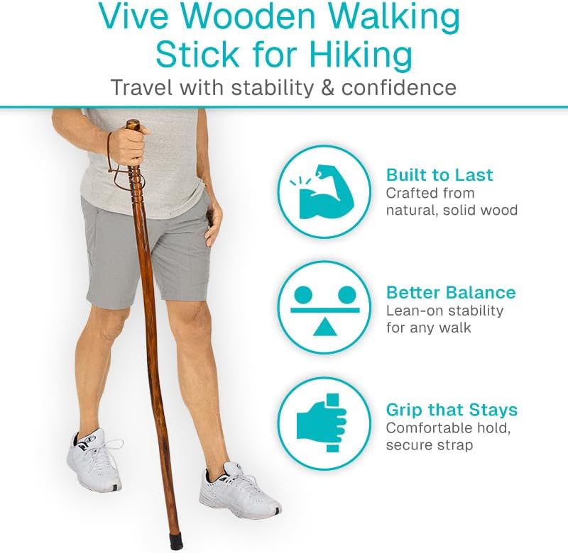VIVE Wooden Walking Stick for Hiking - Handcrafted, Waterproof, with Leather Wrist Strap - Wood Staff for Balance, Women, Men, Seniors - Non-Slip Tip for Safety - Image 2