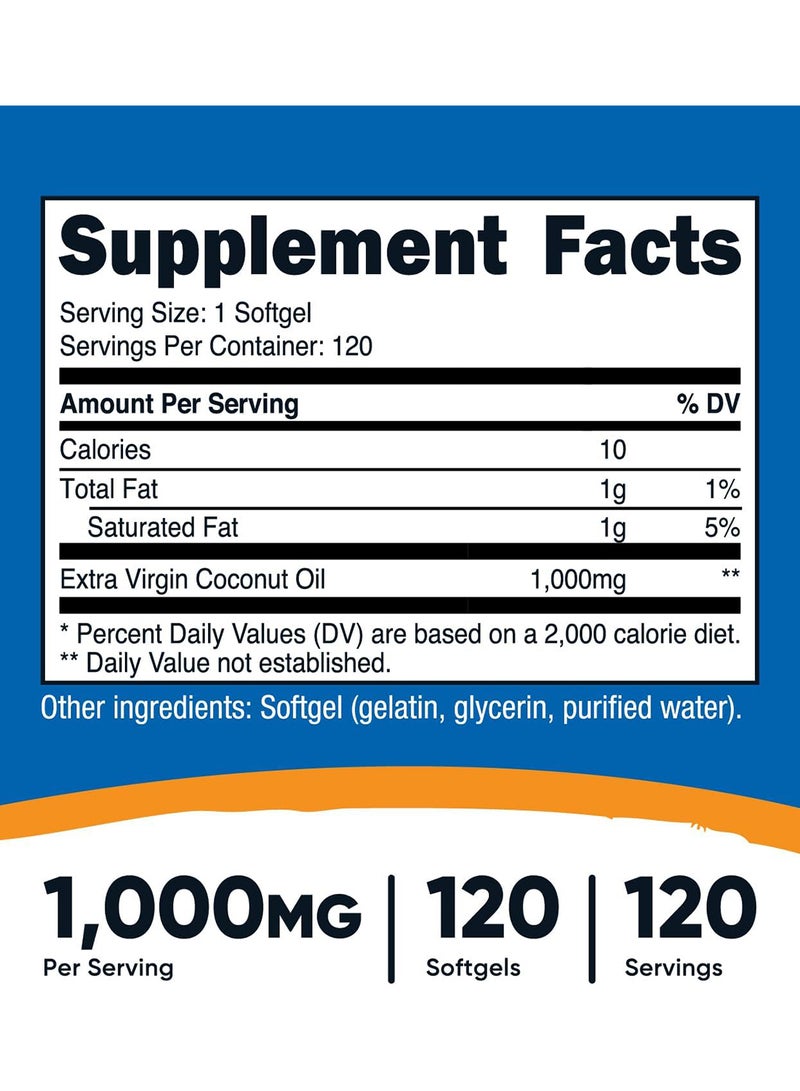 كبسولات هلامية من زيت جوز الهند من نوتريكوست (1000 مجم) 120 كبسولة هلامية - زيت جوز الهند البكر الممتاز - خالي من الغلوتين وغير معدل وراثيًا - Image 2