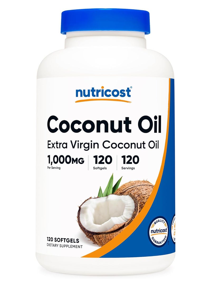 كبسولات هلامية من زيت جوز الهند من نوتريكوست (1000 مجم) 120 كبسولة هلامية - زيت جوز الهند البكر الممتاز - خالي من الغلوتين وغير معدل وراثيًا - Image 1