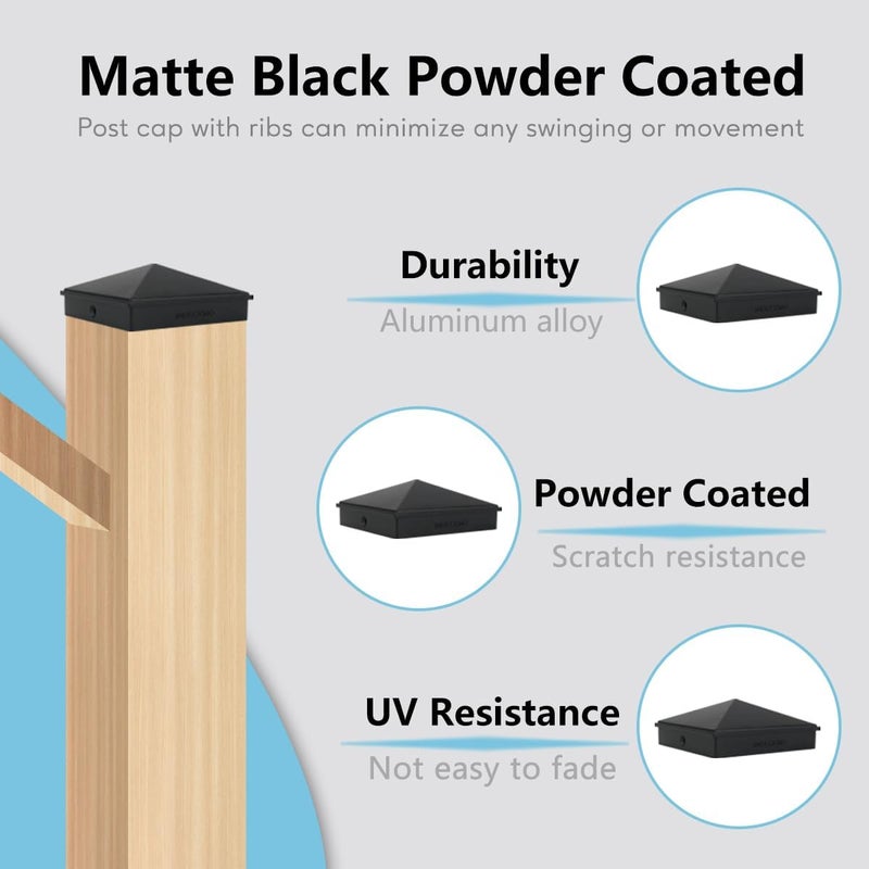 INDECKMO 4x4 Post Caps – Aluminum Pyramid Caps Fits 3.5" x 3.5" Wood Posts, Black Matte Post Covers for Fence, Deck, and Mailbox (8 Pack) - Image 4