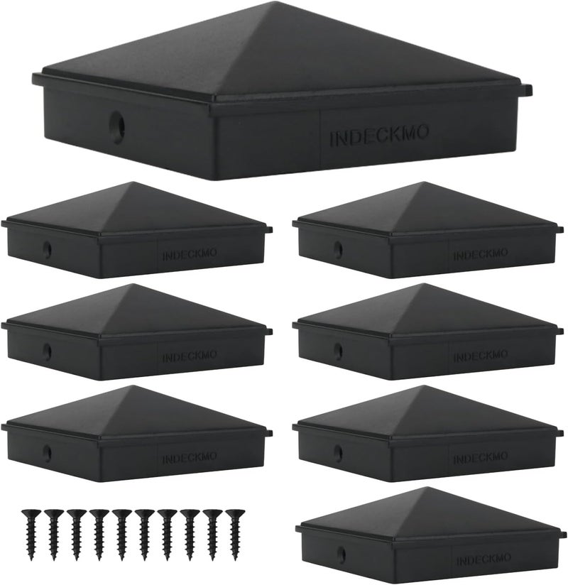 INDECKMO 4x4 Post Caps – Aluminum Pyramid Caps Fits 3.5" x 3.5" Wood Posts, Black Matte Post Covers for Fence, Deck, and Mailbox (8 Pack) - Image 1
